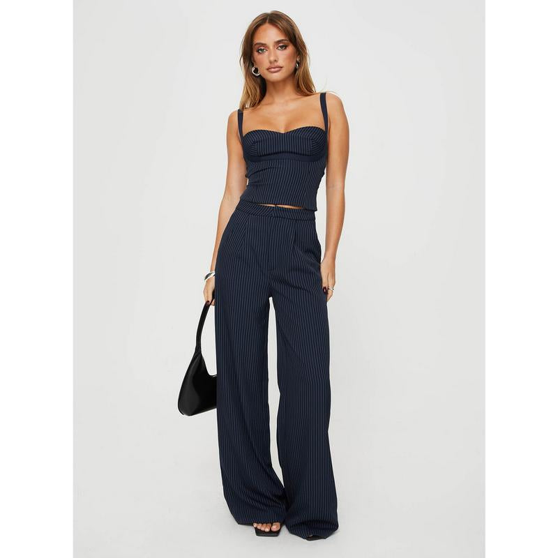Elevate Your Style with the Briana Navy Pinstripe Set - Chic Crop Top & Tailored Pants
