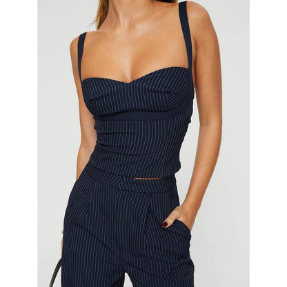 Elevate Your Style with the Briana Navy Pinstripe Set - Chic Crop Top & Tailored Pants