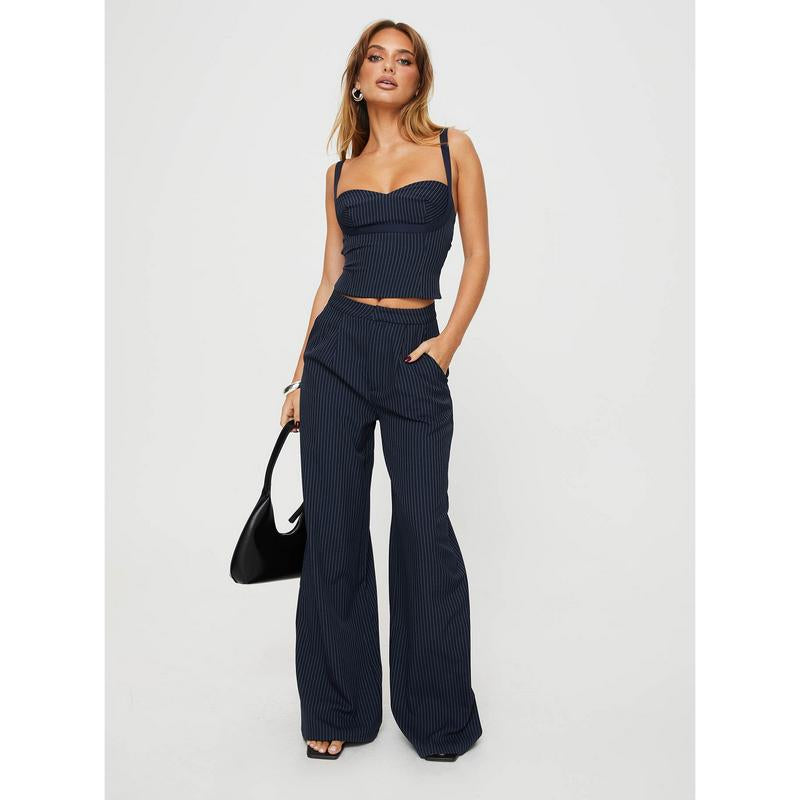 Elevate Your Style with the Briana Navy Pinstripe Set - Chic Crop Top & Tailored Pants