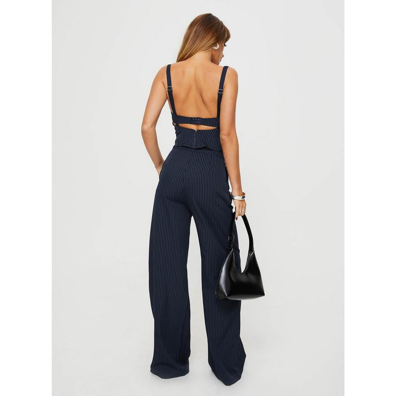 Elevate Your Style with the Briana Navy Pinstripe Set - Chic Crop Top & Tailored Pants